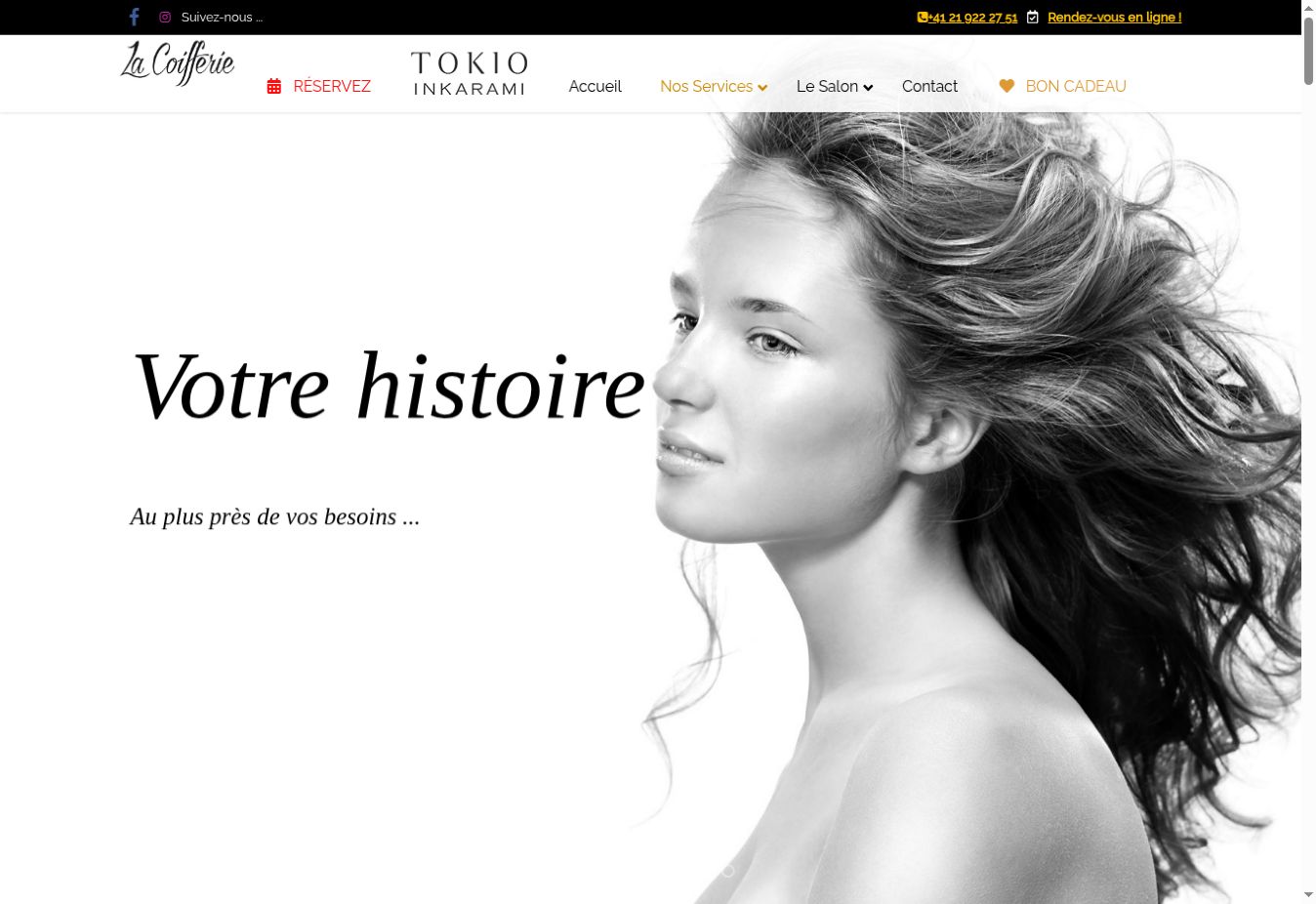Capture réelle de l’accueil du site La Coifferie à Vevey, avec son menu et son visuel photographique.