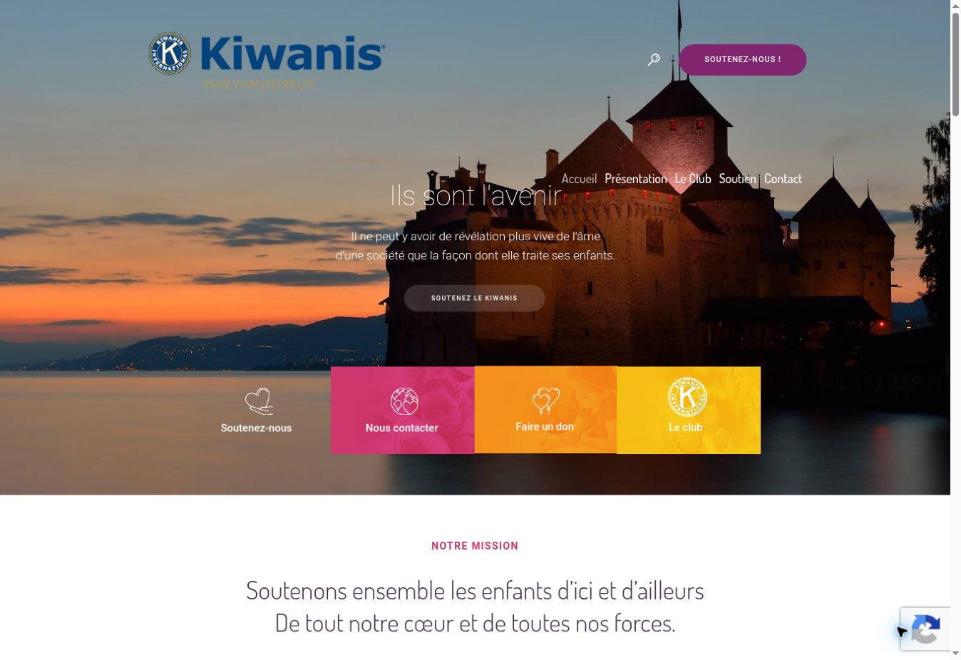 Capture réelle de l’accueil du site Kiwanis Vevey-Montreux, avec sa navigation et ses actions de soutien.
