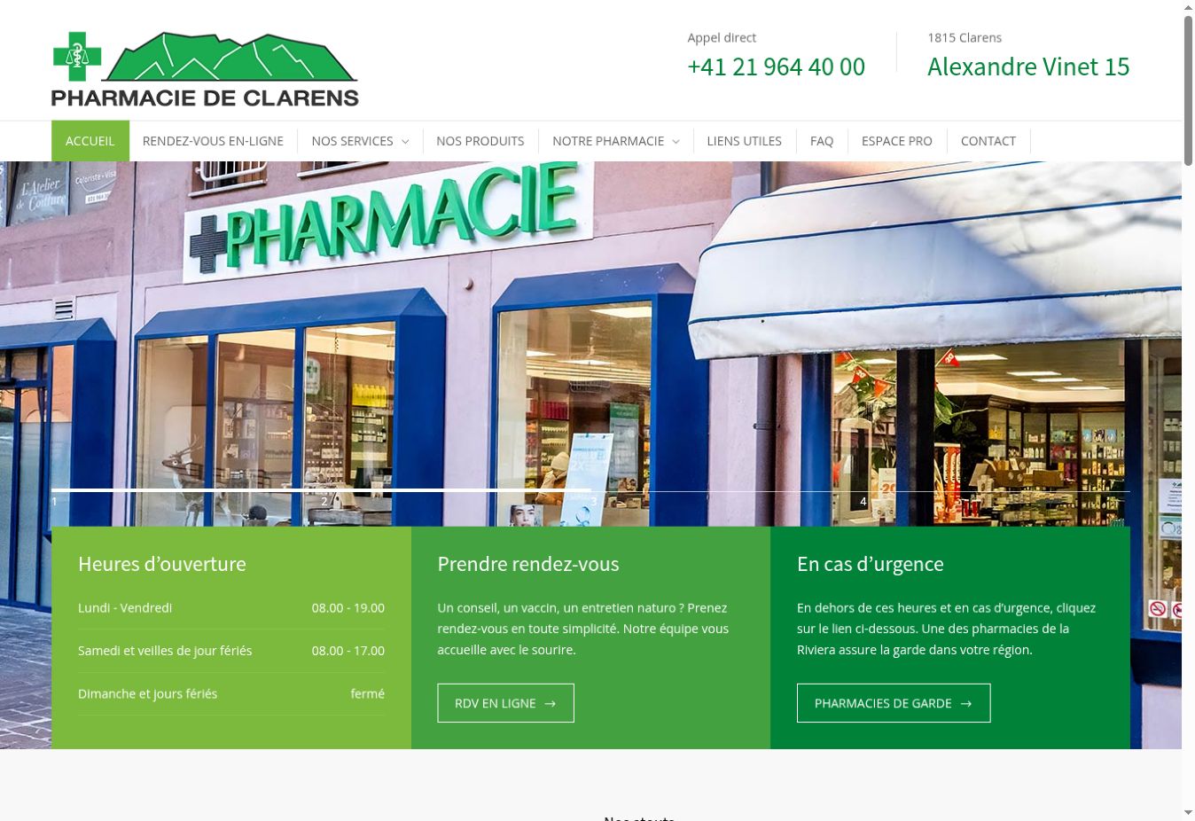 Capture réelle de l’accueil du site Pharmacie de Clarens : façade et accès aux services.